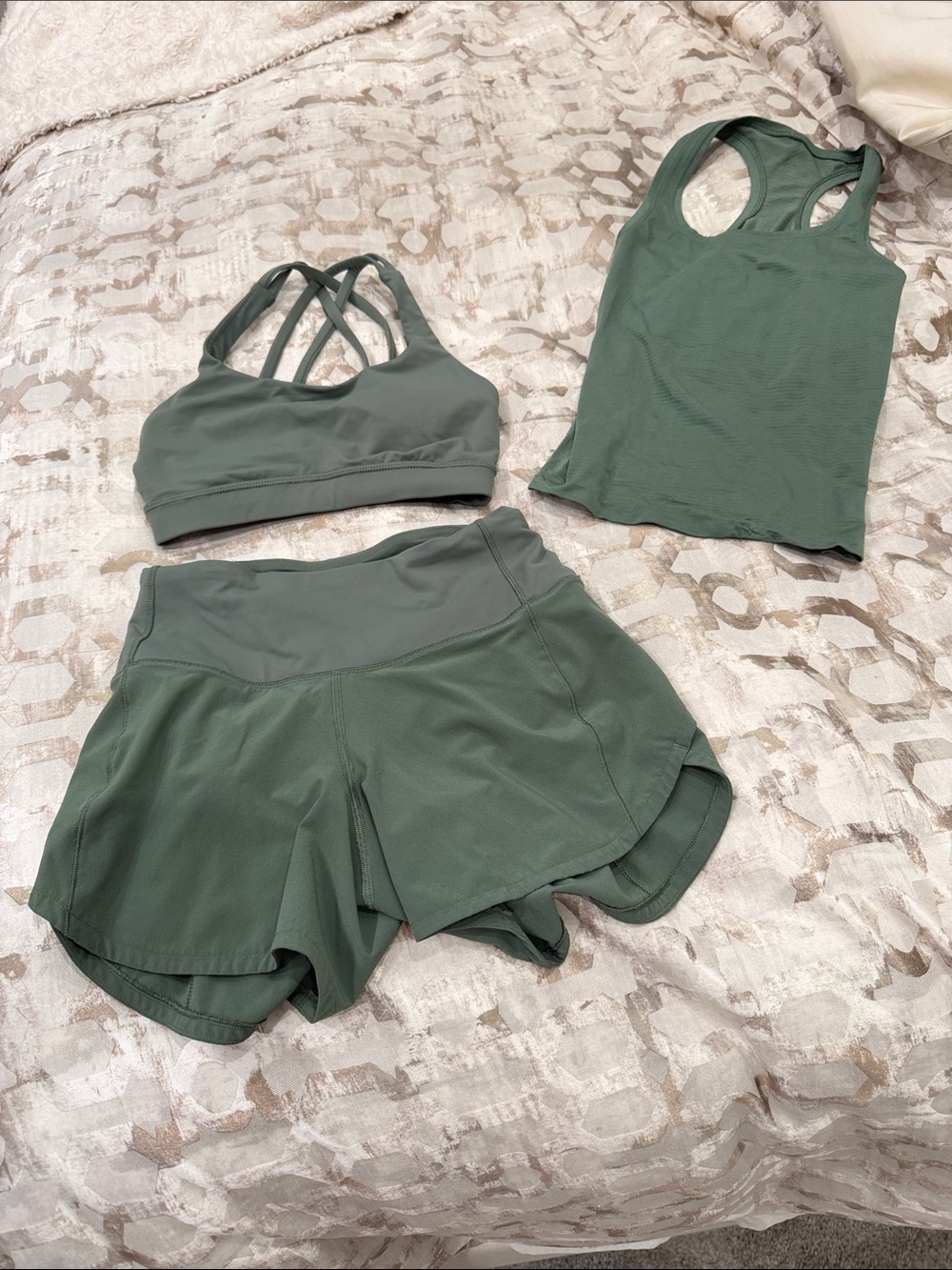 lululemon athletica Olive Green 3-Piece Active Set — Sports Bra, Tank & Skort.